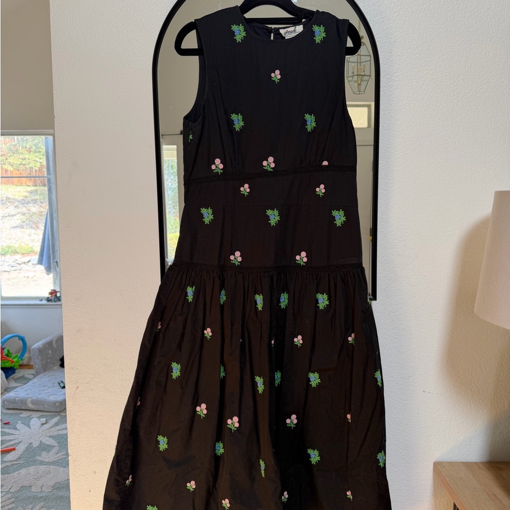 Sleeveless Black Midi Dress with Pink & Green Floral Embroidery